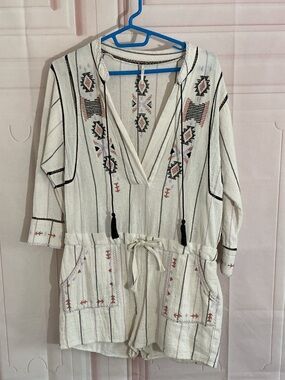 Free People Ivory Embroidered V-Neck Romper with Tassels